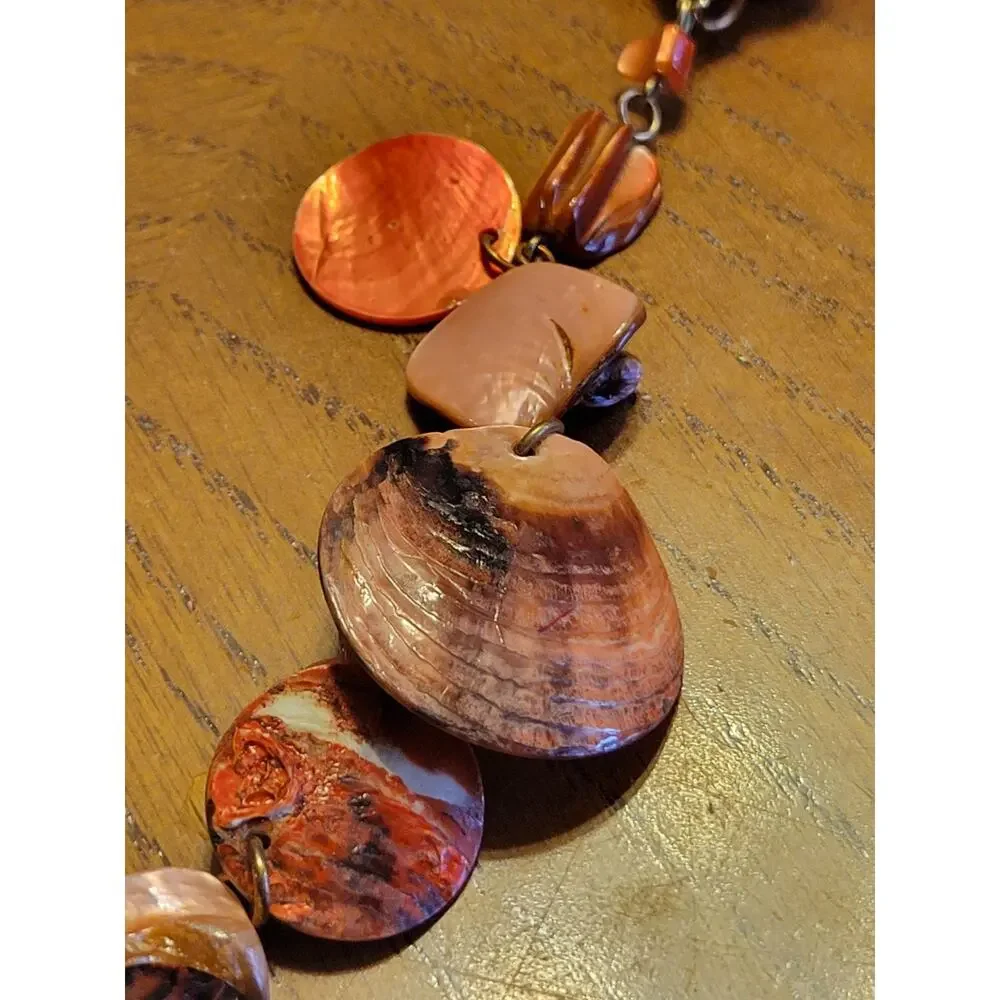 Boho‎ Capiz Shell Necklace Earrings Set Copper Peach Pink Disc Beaded 18